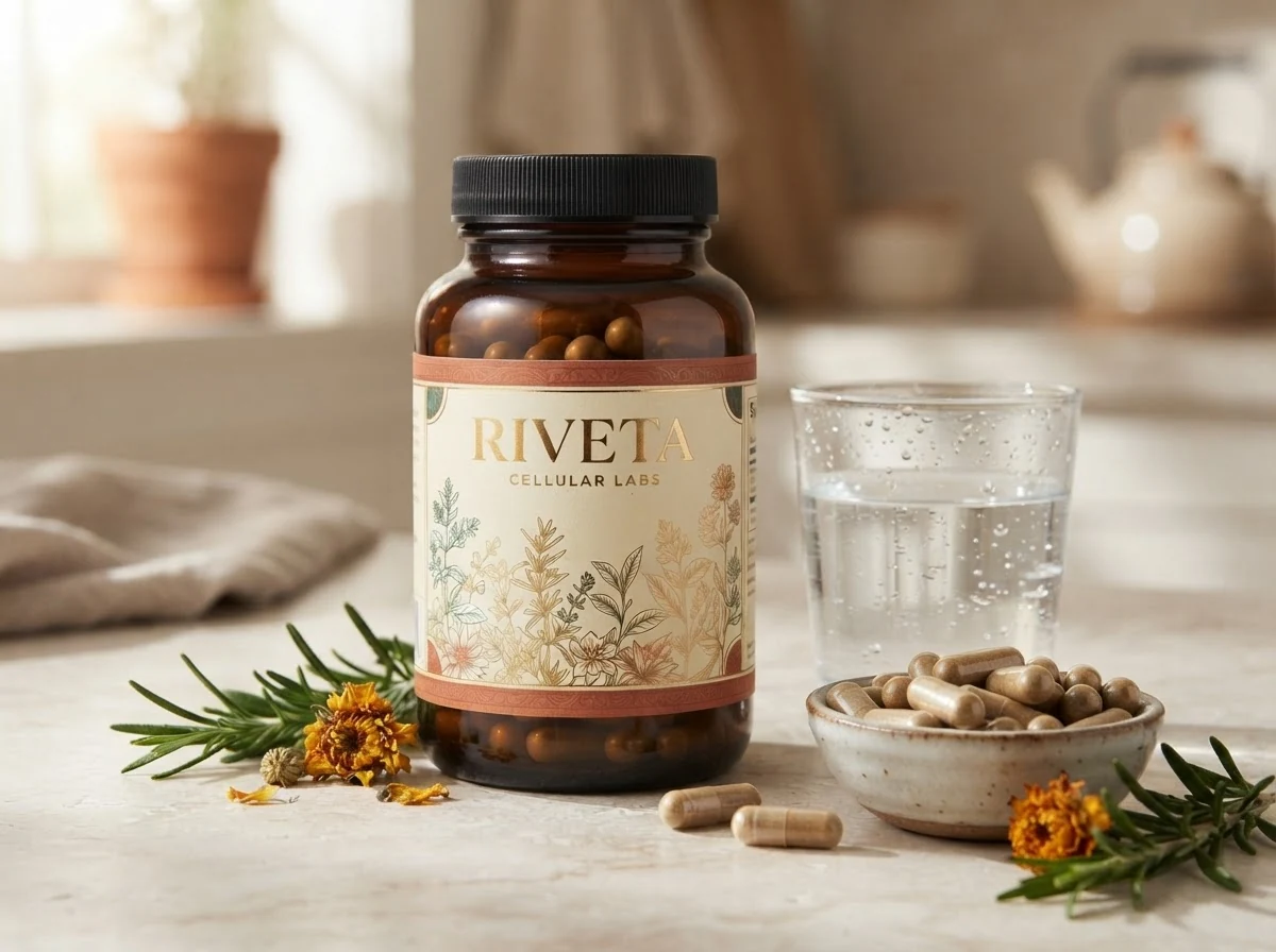 Riveta Cellular Labs glasburk på köksbordet med vatten